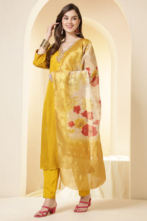 Mustard Color Silk Suit Set With Neck Embroidered & Floral Printed Dupatta