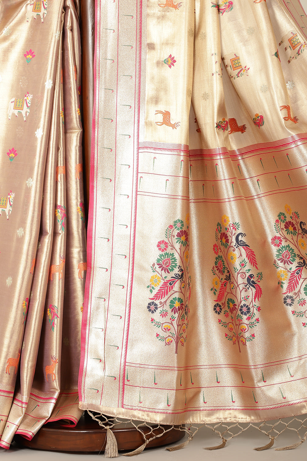 Gold & Pink Duo-Chrome Tissue Silk  Pathani Work Saree