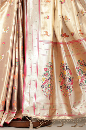 Gold & Pink Duo-Chrome Tissue Silk  Pathani Work Saree