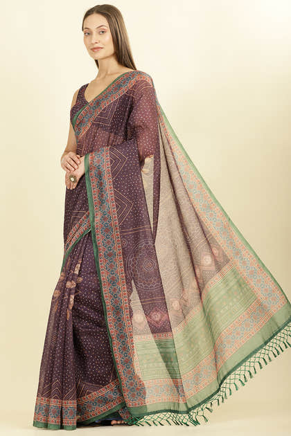 Dirty Purple Organza Cotton Bandhani Block Printed Saree