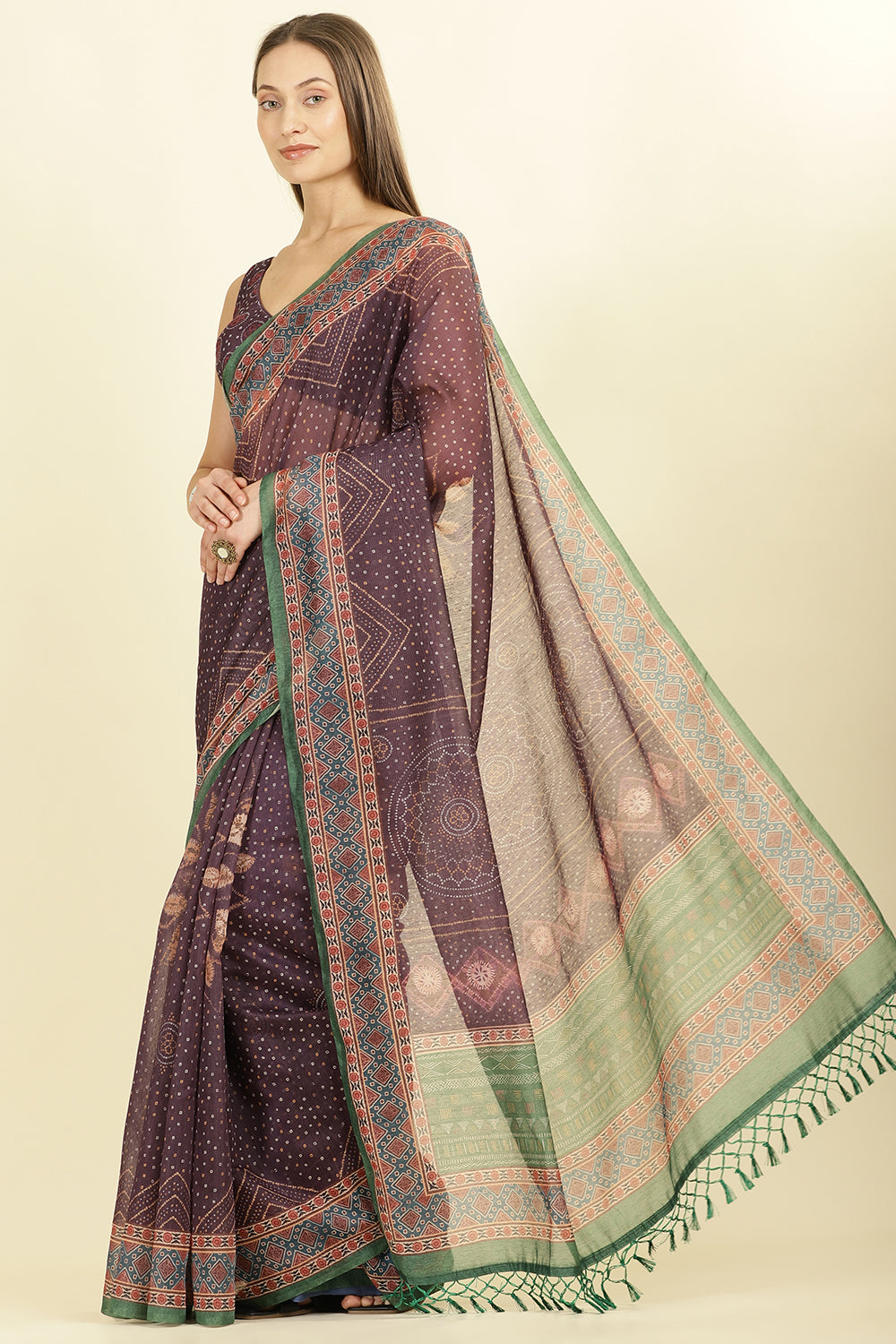 Dirty Purple Organza Cotton Bandhani Block Printed Saree
