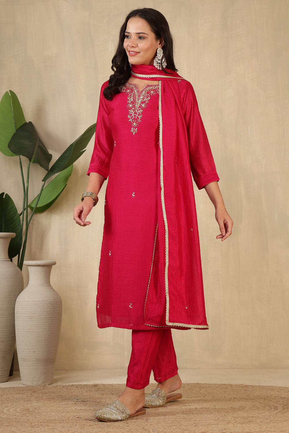 Cherry Red Crepe Silk Neck Embroidered Suit