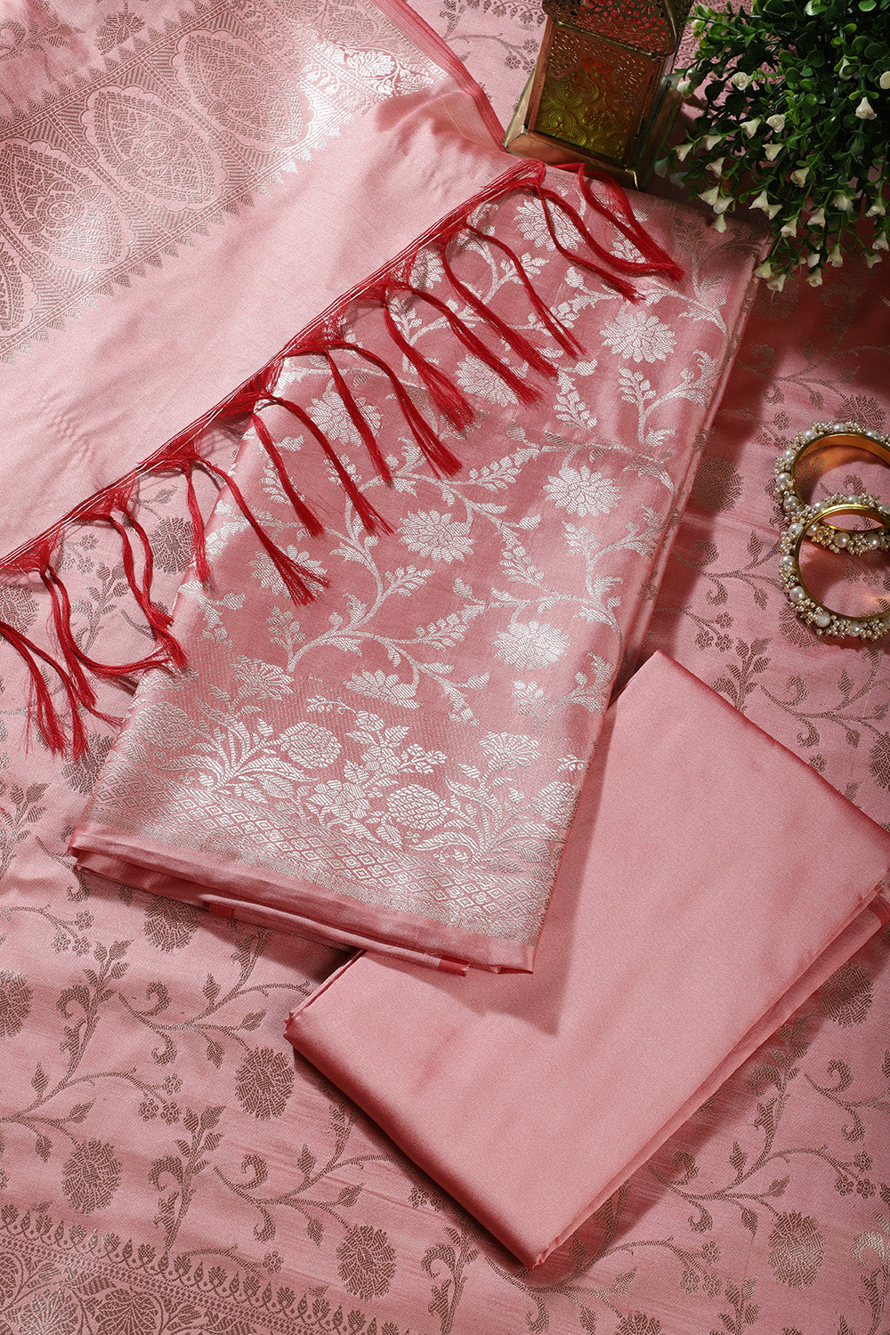 Pink Zari Floral Woven Silk Unstitched Suit Fabric