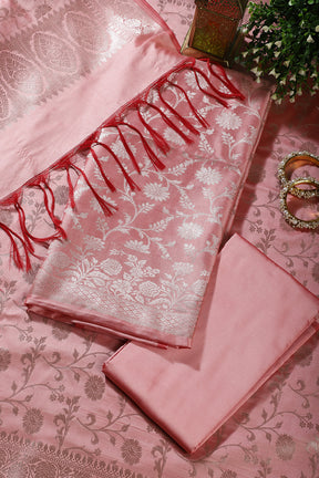 Pink Zari Floral Woven Unstitched Suit Fabric