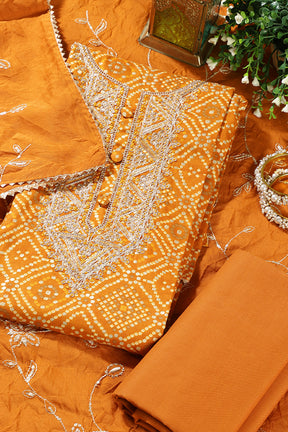 Mustard Cotton Bandhani Printed And Neck Embroidered Unstitched Suit