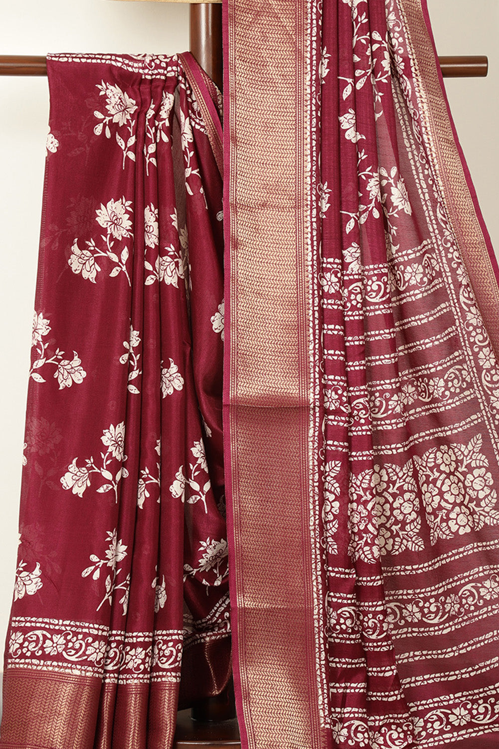 Dark Scarlet Cotton Silk Block Printed Saree