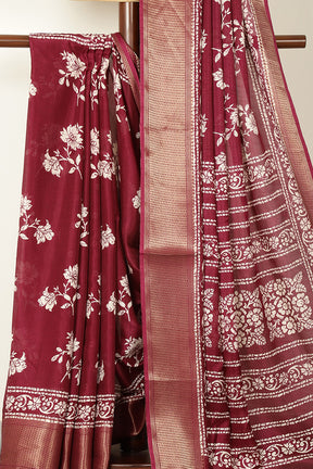 Dark Scarlet Cotton Silk Block Printed Saree