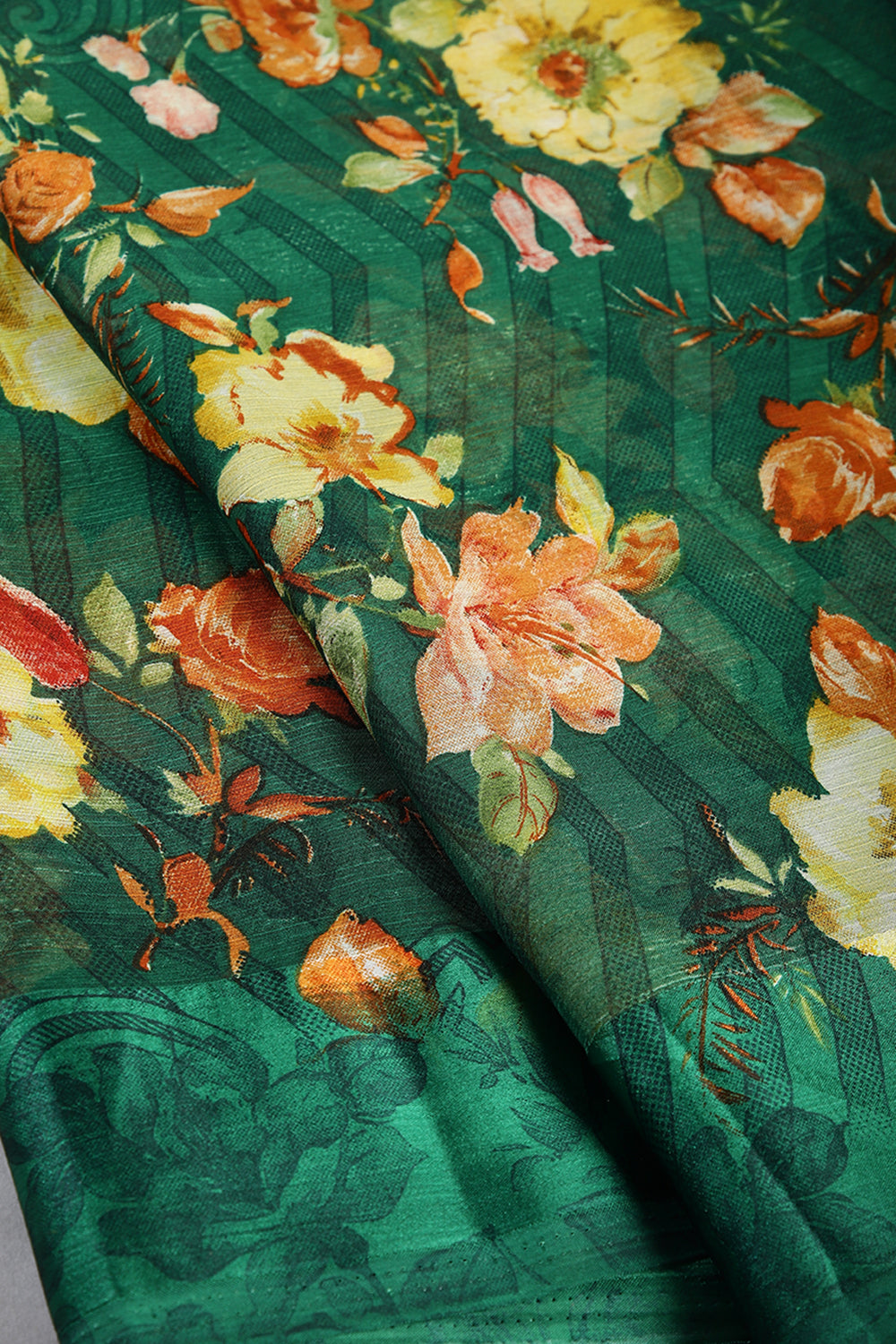 Bottle Green Color Floral Printed Chiffon Saree