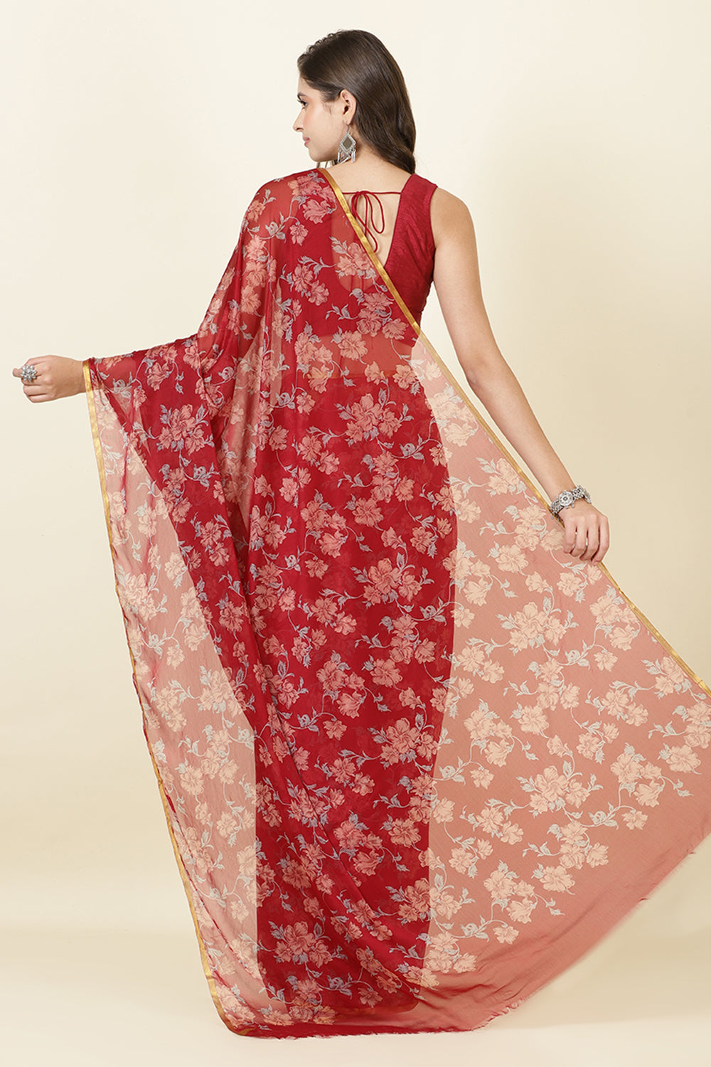 Maroon Zari Border & Floral Printed Chiffon Saree