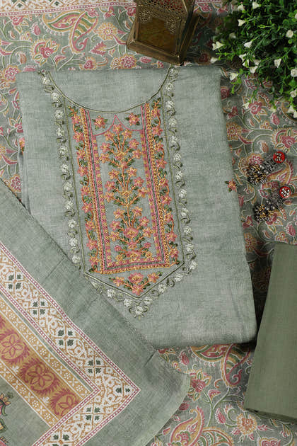 Green Cotton Resham Embroidered Unstitched Suit