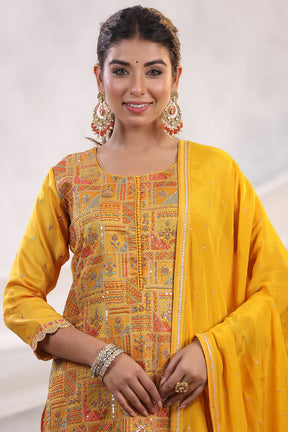 Mustard Color Embroidered Georgette Unstitched Suit Fabric