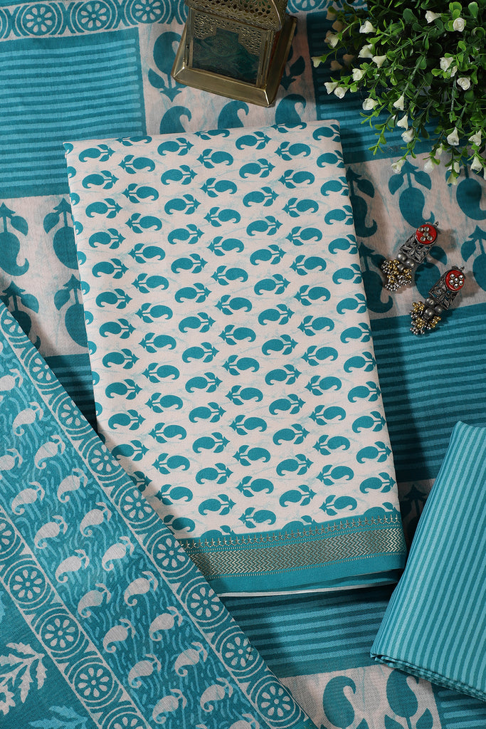 Cream & Teal Cotton Dabu Block Print Unstitched Suit Material