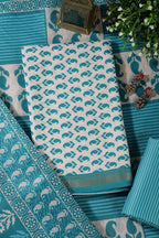 Cream & Teal Cotton Dabu Block Print Unstitched Suit Material