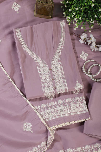 Mauve Muslin Resham Embroidered Unstitched Suit Material
