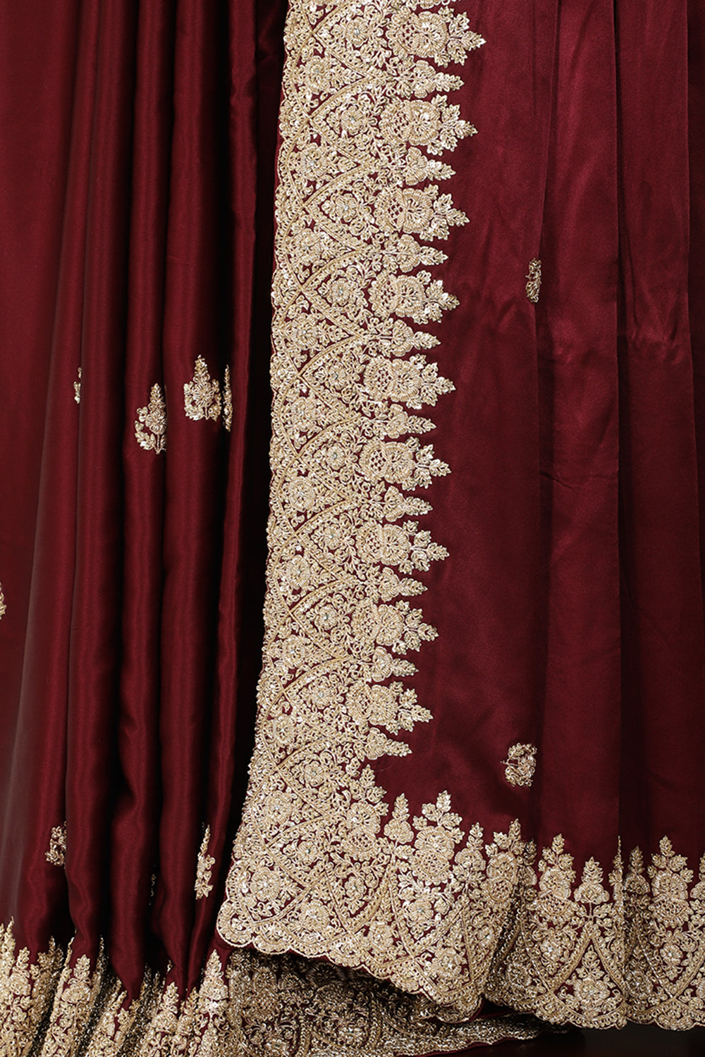 Burgundy Color Pure Satin Crepe Saree with Zardozi Handwork