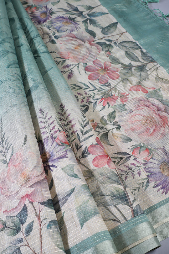 Beige & Green Metallic Tissue Floral Printed Saree