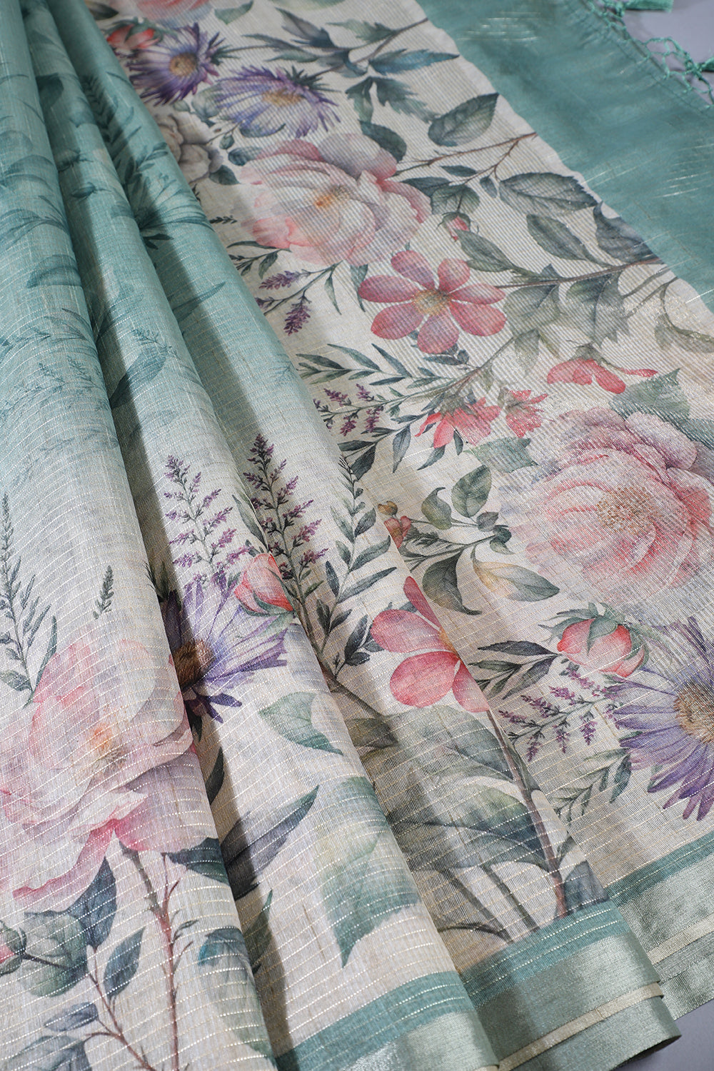 Beige & Green Metallic Tissue Floral Printed Saree