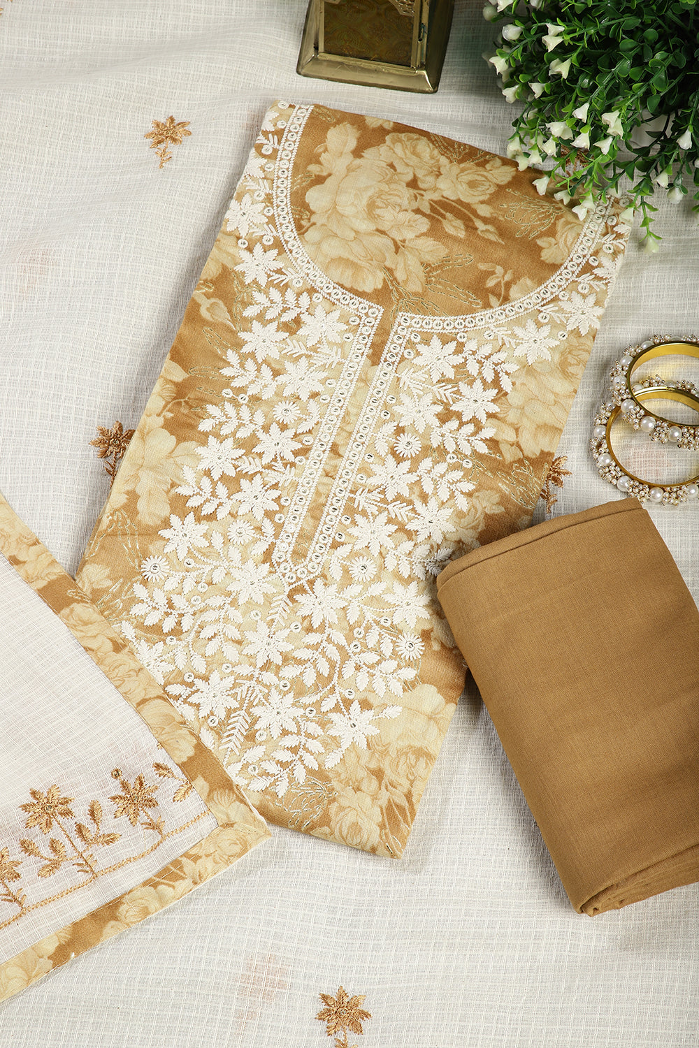 Mustard Color Twill Cotton Printed Chikankari Unstitched Suit Material