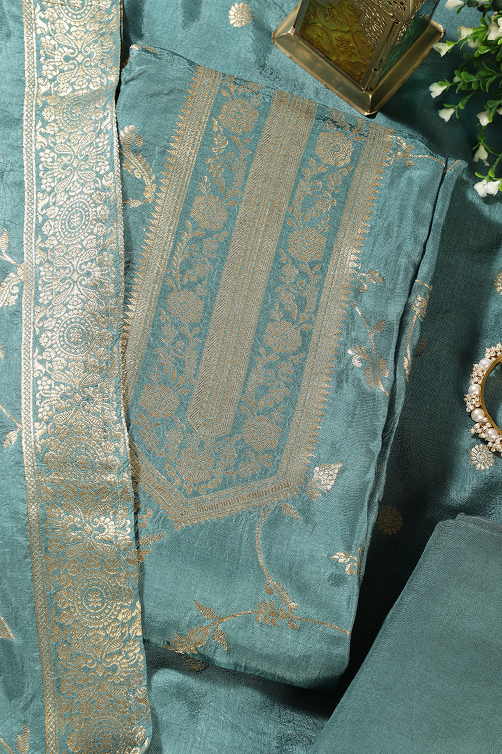 Sea Green Banarsi Floral Woven Silk Unstitched Suit