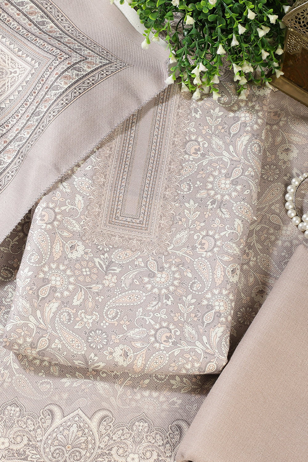Light Beige Digital Printed Pashmina Unstitched Suit Material