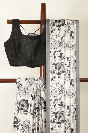 Black & White Floral Printed Crepe Silk Saree