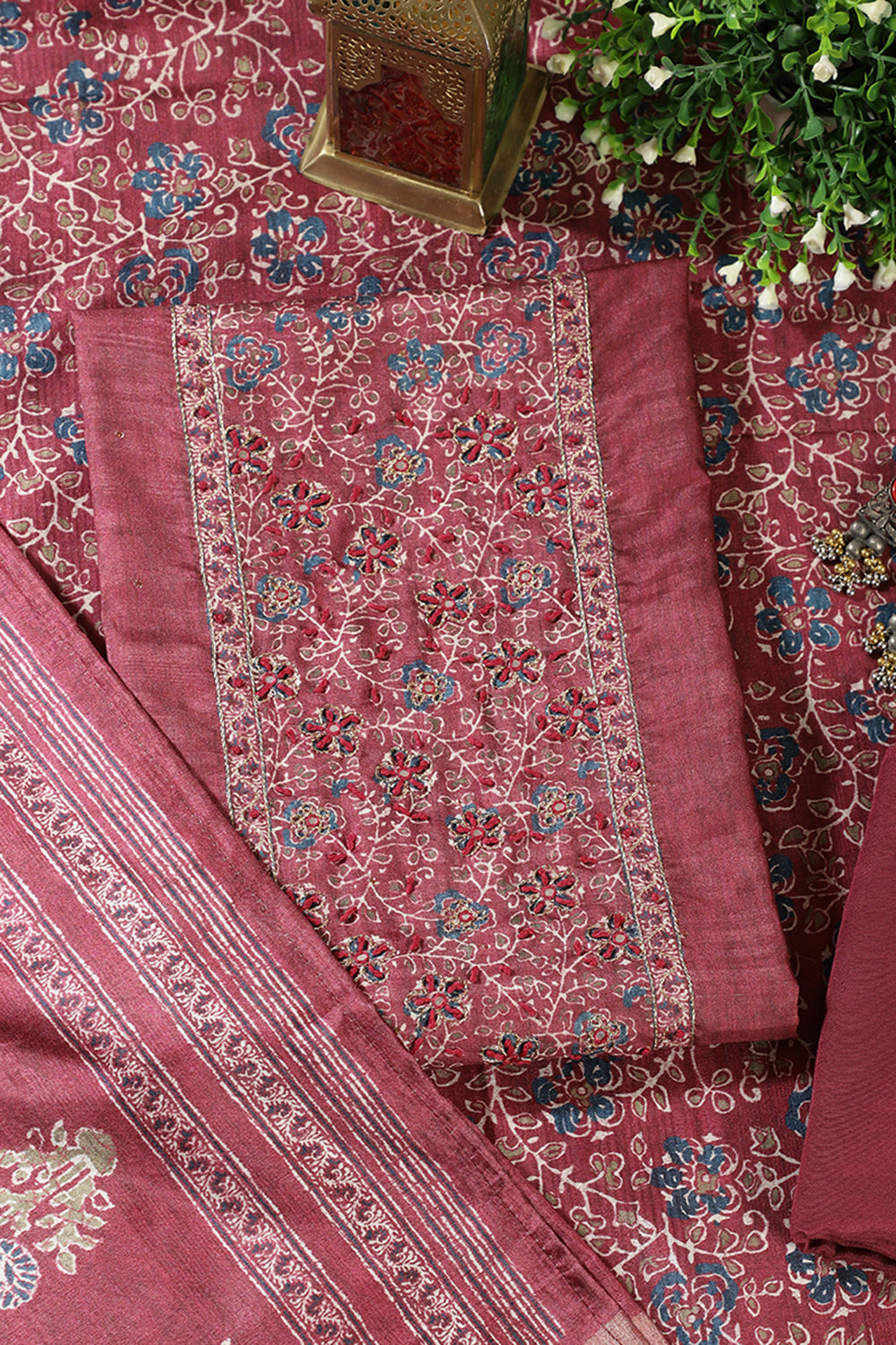 Light Maroon Chanderi Silk Mirror & Resham worked Unstitched Suit