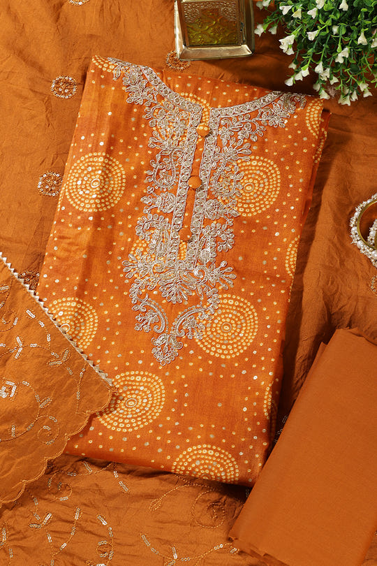 Mustard Cotton Bandhani Printed & Neck Embroidered Unstitched Suit