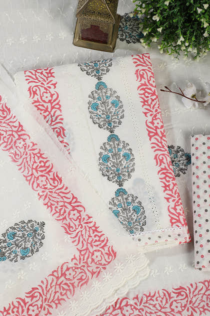 Cream & Magenta Printed And Resham Embroidered Unstitched Suit Fabric