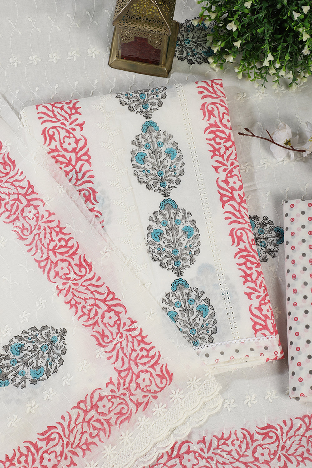 Cream & Magenta Printed And Resham Embroidered Unstitched Suit Fabric