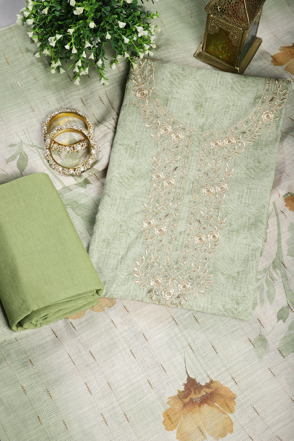 Green Color Linen Cotton Embroidery Unstitched Suit Material