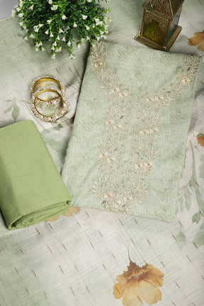 Green Color Linen Cotton Embroidery Unstitched Suit Material