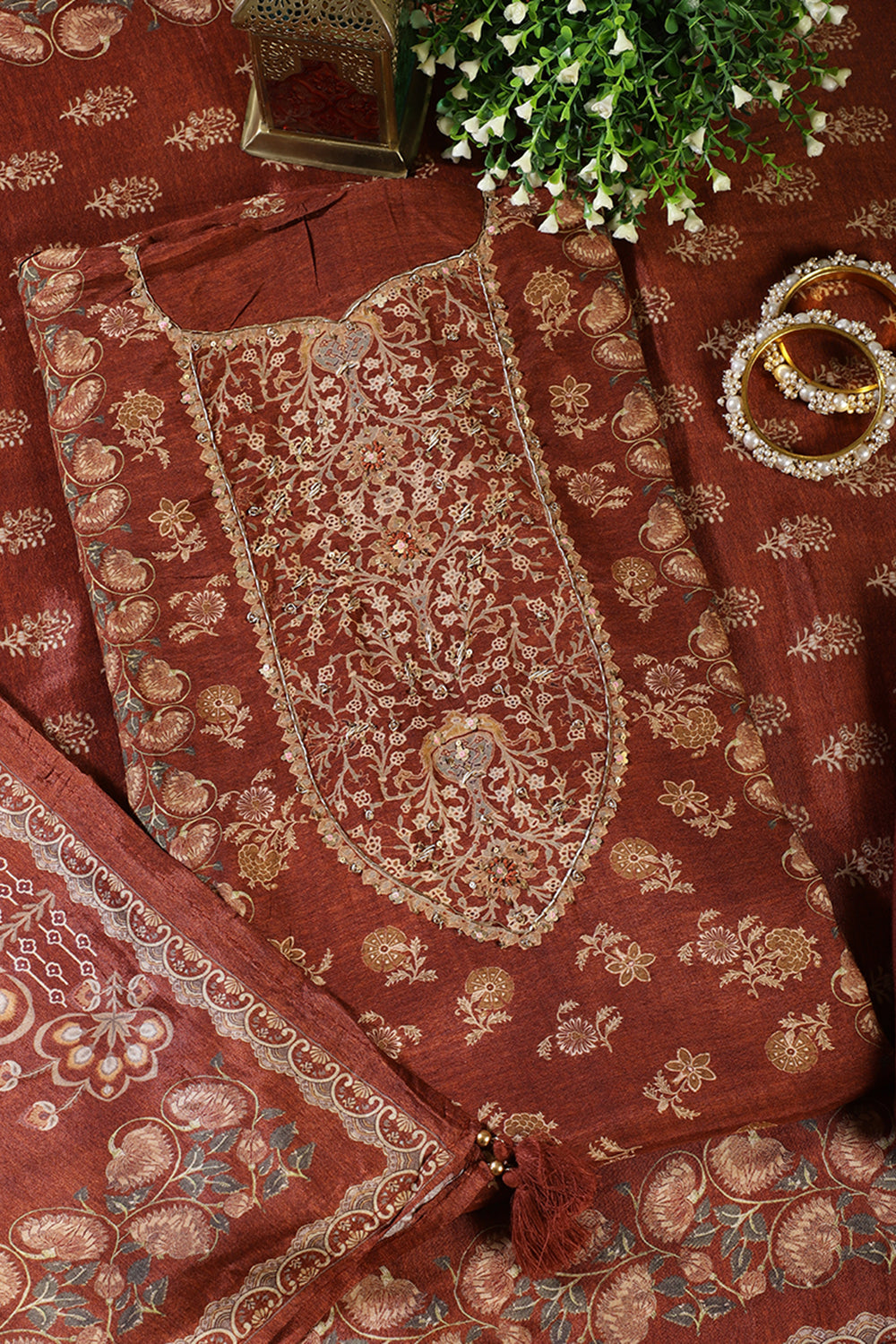 Brown Muslin Printed Unstitched Suit Fabric