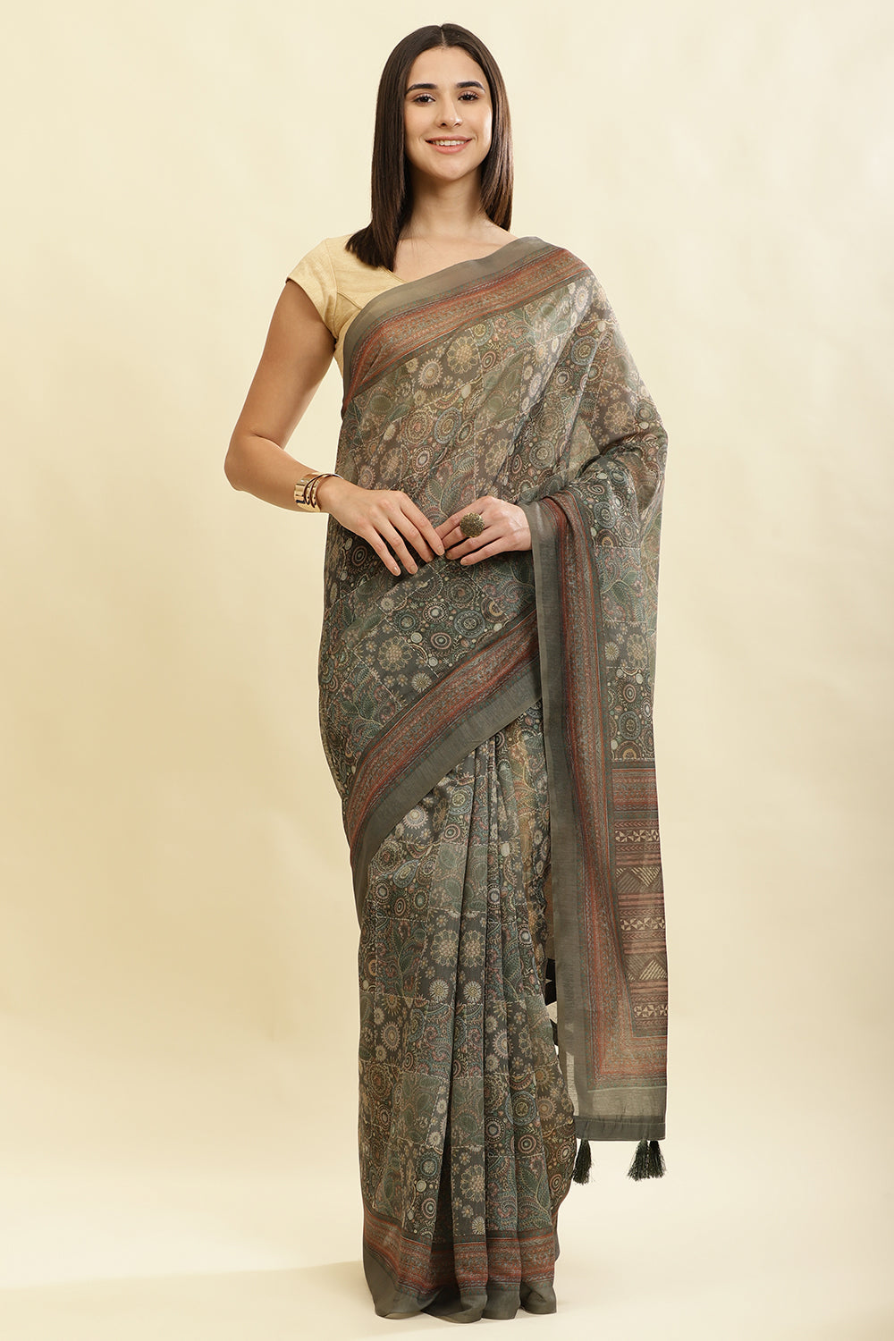 Sage Green Cotton Silk Printed Saree