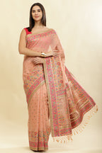 Peach Chanderi Cotton kashida Weaves Saree