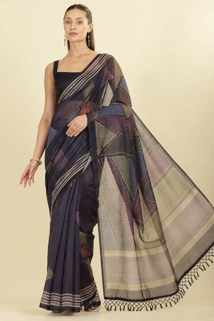 Navy Organza Cotton Printed Saree