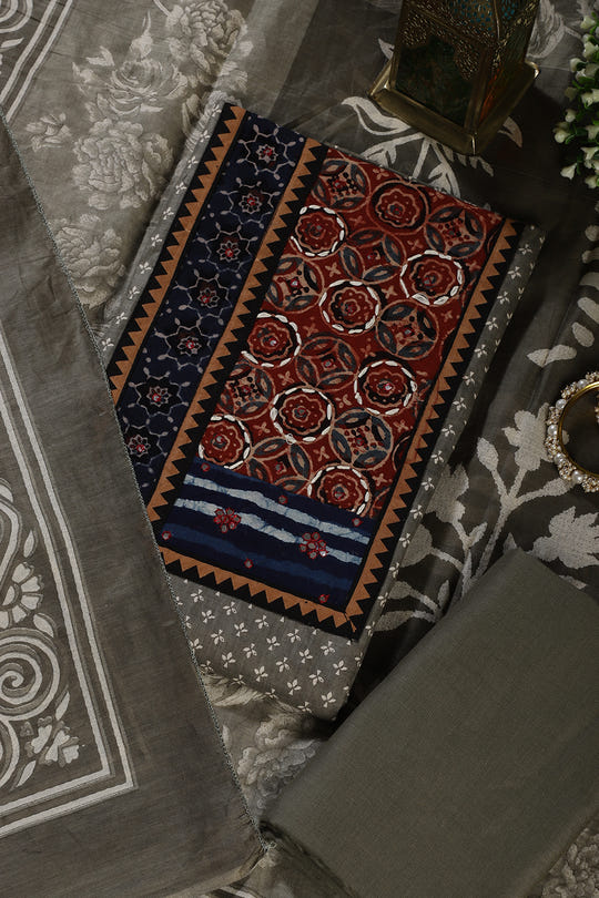 Greyish Green Printed and Mirror Work Cotton Unstitched Suit Material