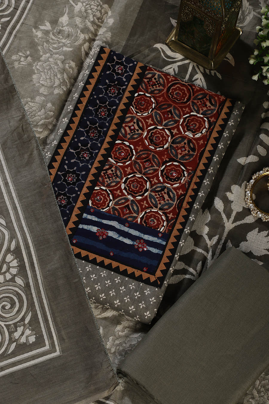 Greyish Green Printed and Mirror Work Cotton Unstitched Suit Material