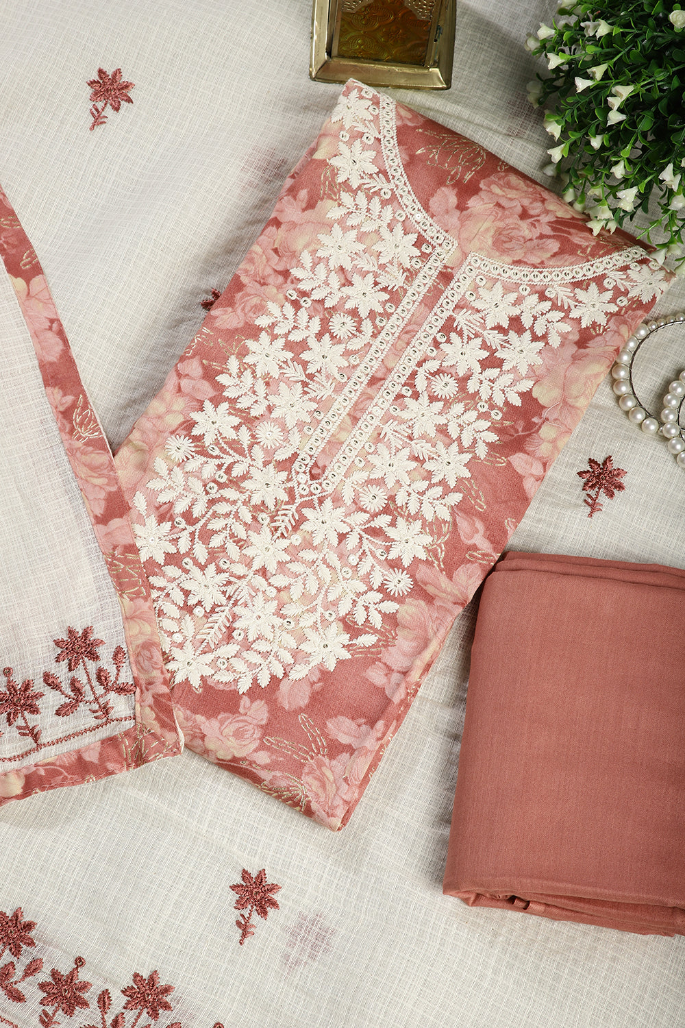 Gajari Color Twill Cotton Printed Chikankari Unstitched Suit Material
