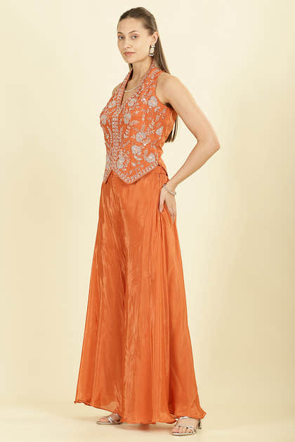 Orange Crepe Silk Emboridered Crop-Top With Palazzo Indo-Western Co-ord Set