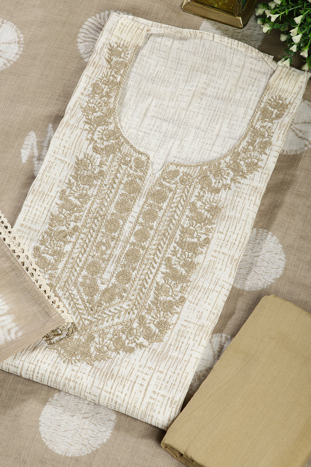 Cream Colour Cotton Printed & Resham Neck Embroidered Unstitched Suit