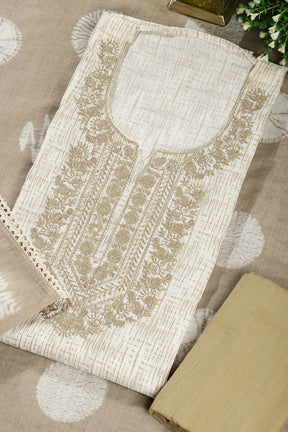 Cream Colour Cotton Printed & Resham Neck Embroidered Unstitched Suit