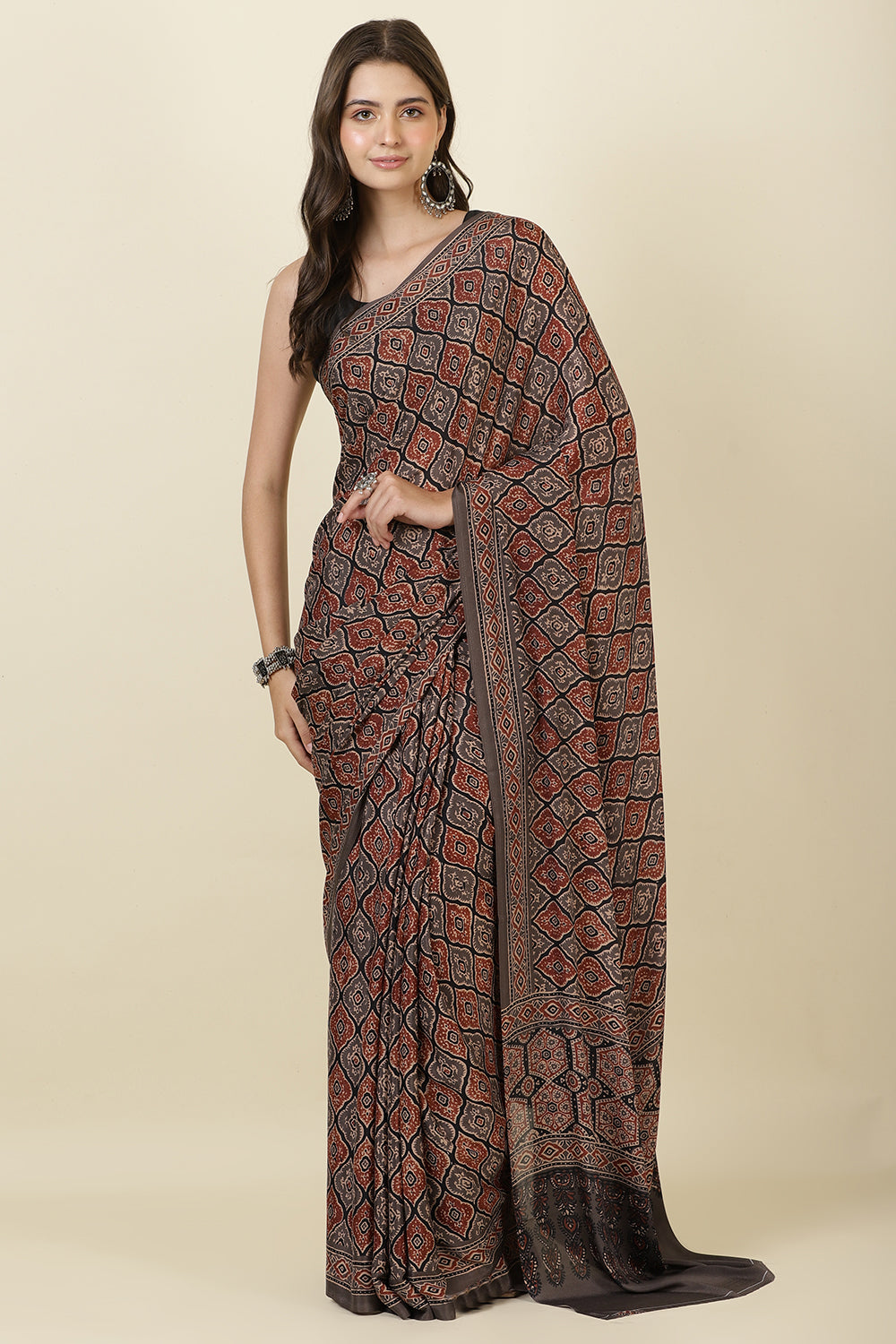 Brown Crepe Printed Saree