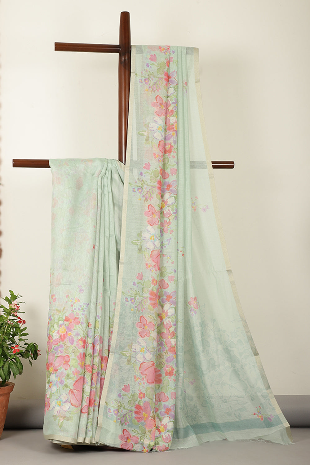 Seagreen Organza Cotton Floral Printed Saree
