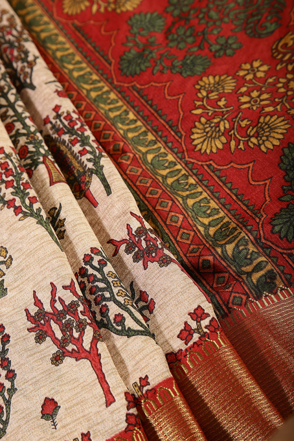 Beige & Red Color Tree-Like Structures Printed Tussar Silk Saree