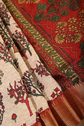 Beige & Red Color Tree-Like Structures Printed Tussar Silk Saree