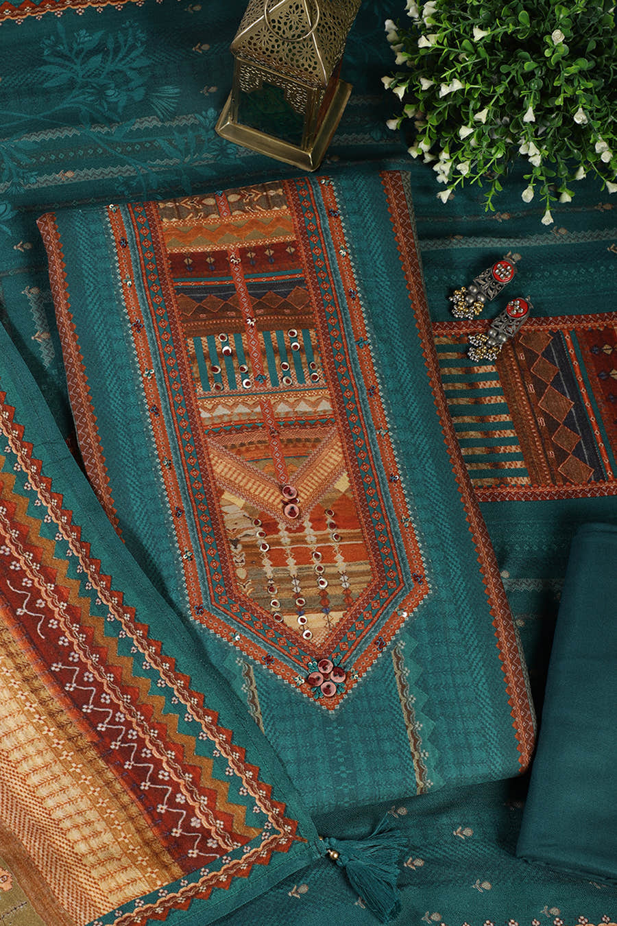 Teal Printed Spun Unstitched Suit Material