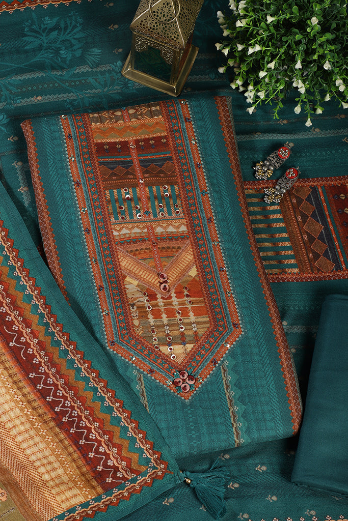 Teal Printed Spun Unstitched Suit Material