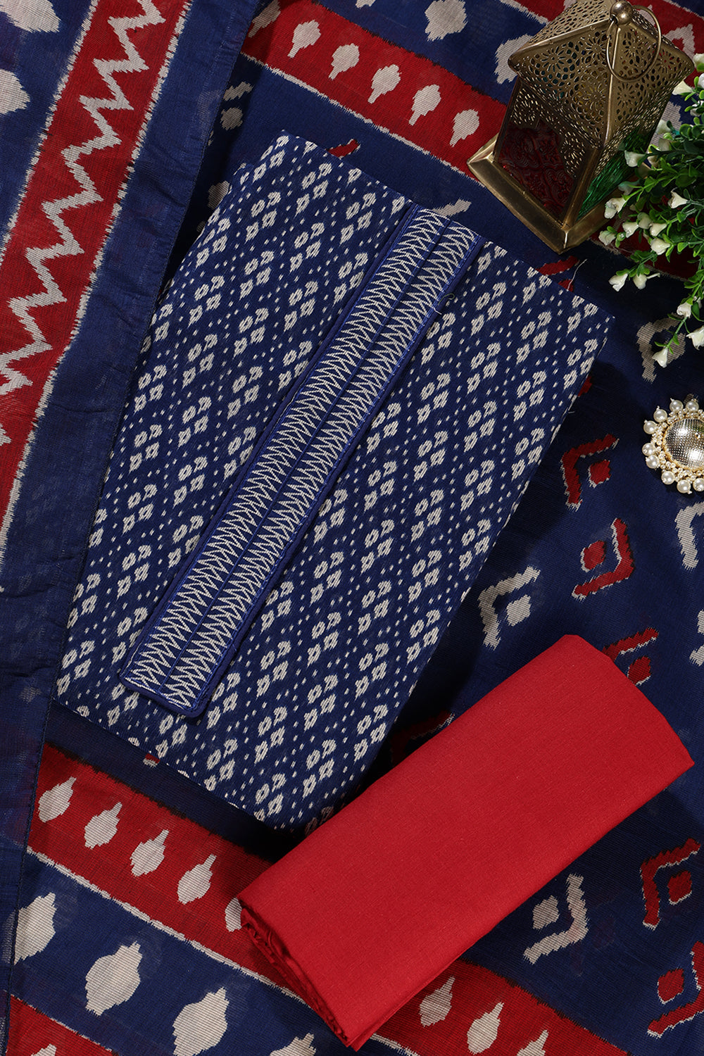 Navy Ikkat Cotton Printed Unstitched Suit Material