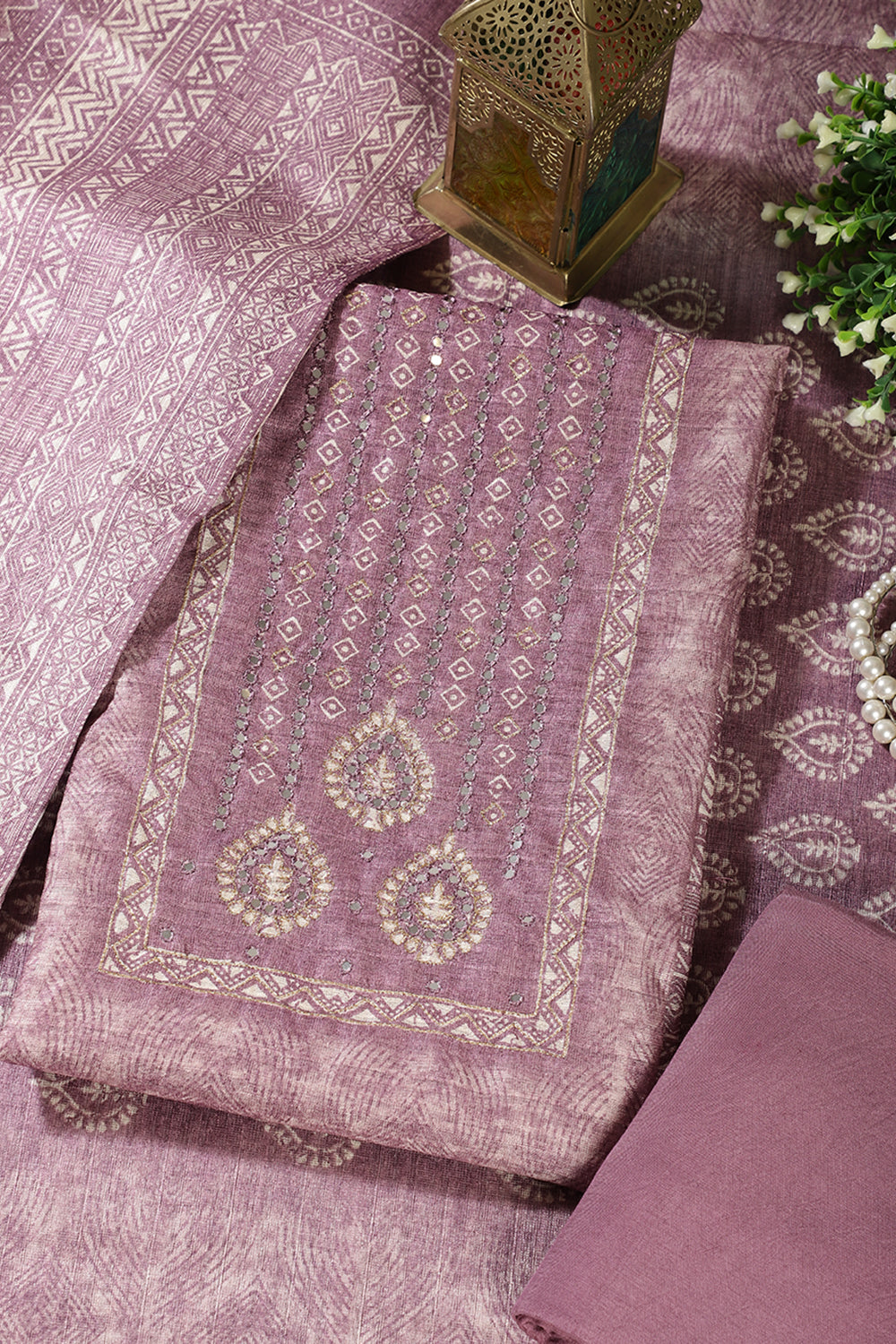 Lavender Chanderi Silk Mirror Worked Unstitched Suit Material