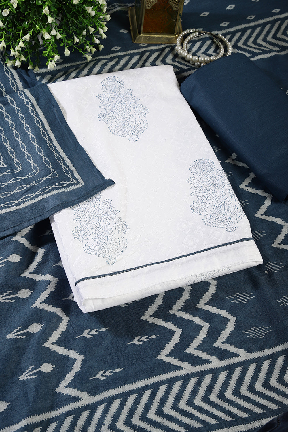 White & Indigo Color Cotton Printed Unstitched Suit